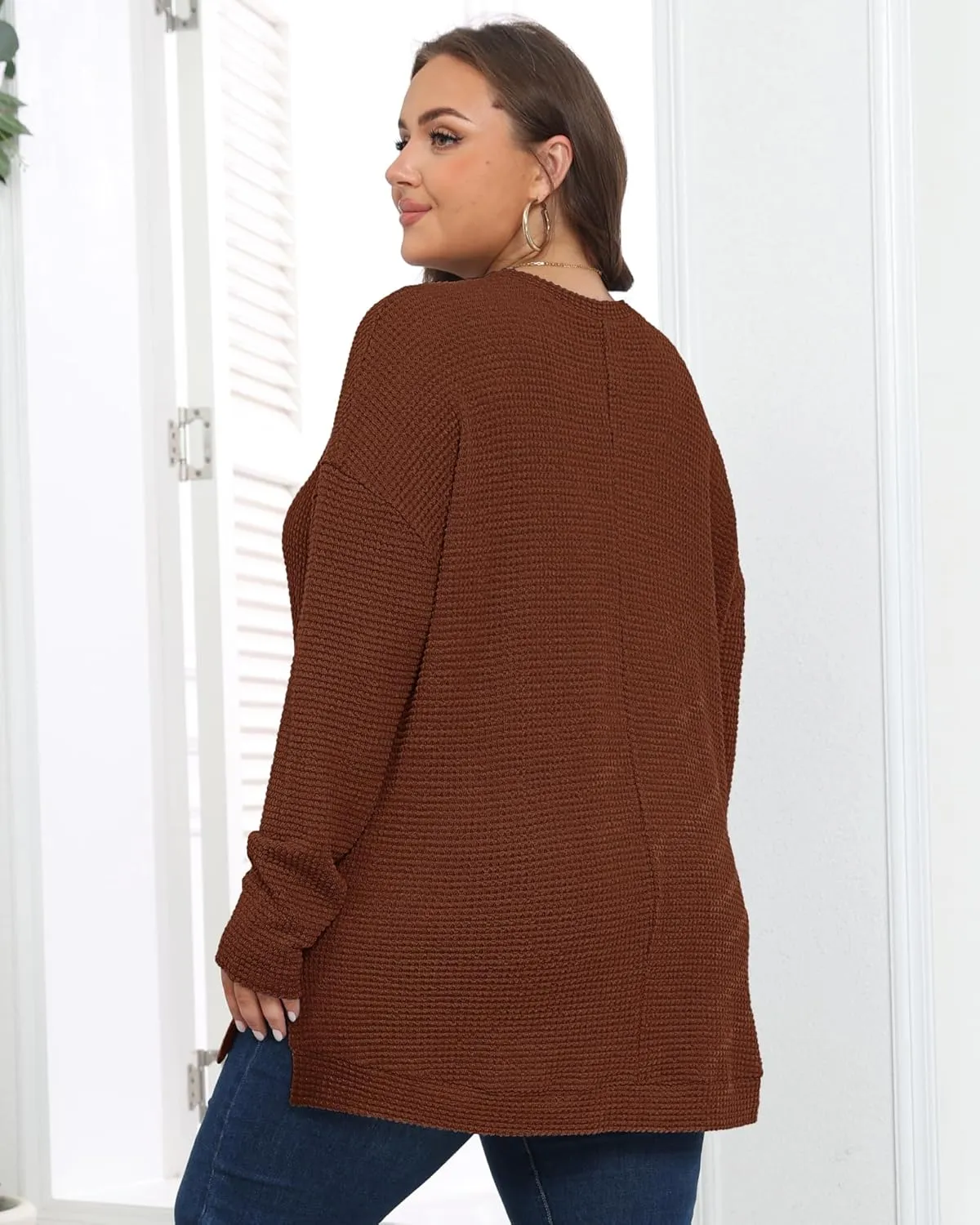 KARALIN Womens Plus Size Tops Fall CrewNeck Waffle Knit Long Sleeve Shirts Side Slits Oversized Sweater Pullover