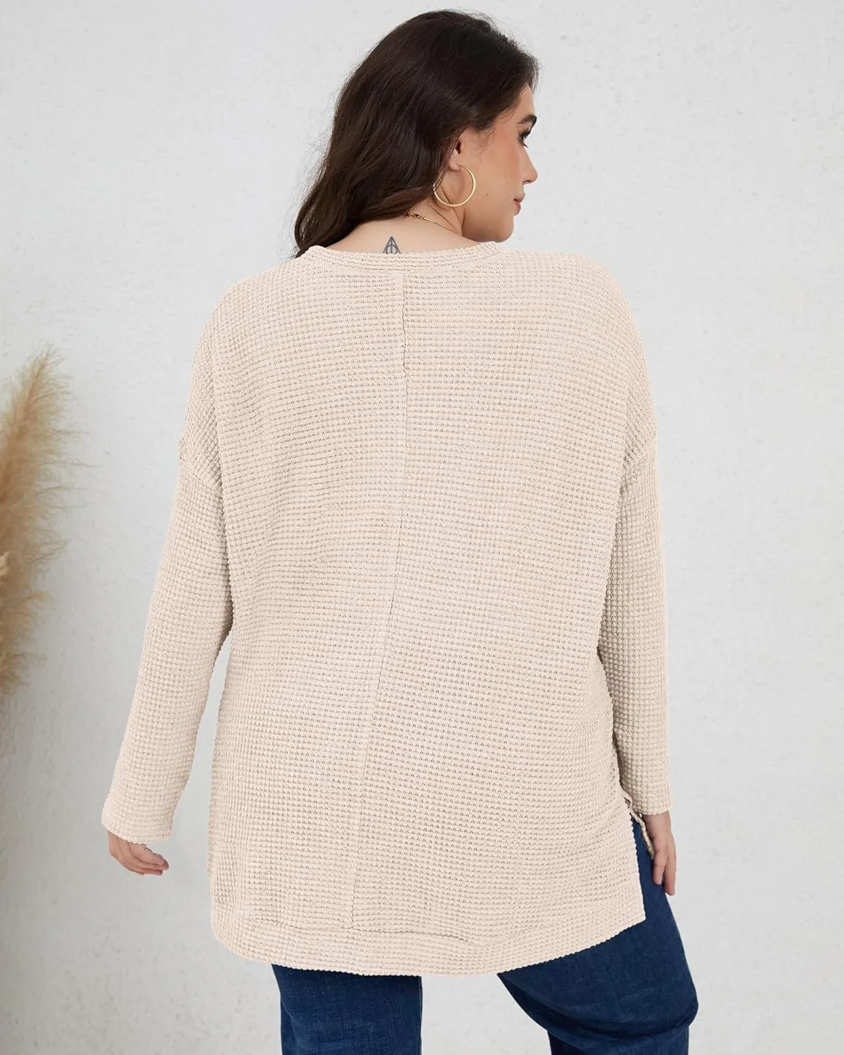 KARALIN Womens Plus Size Tops Fall CrewNeck Waffle Knit Long Sleeve Shirts Side Slits Oversized Sweater Pullover
