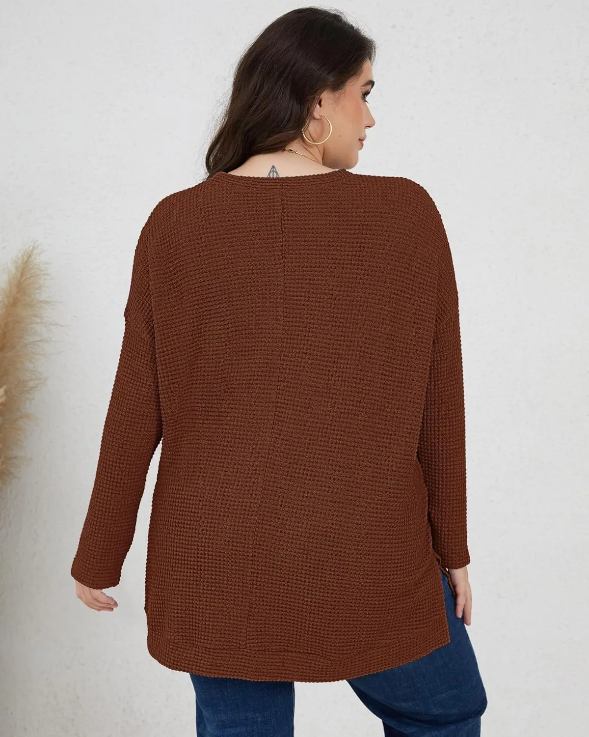 KARALIN Womens Plus Size Tops Fall CrewNeck Waffle Knit Long Sleeve Shirts Side Slits Oversized Sweater Pullover