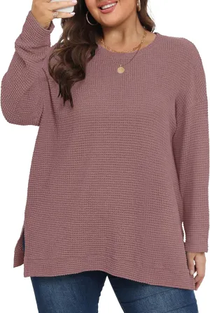 KARALIN Womens Plus Size Tops Fall CrewNeck Waffle Knit Long Sleeve Shirts Side Slits Oversized Sweater Pullover
