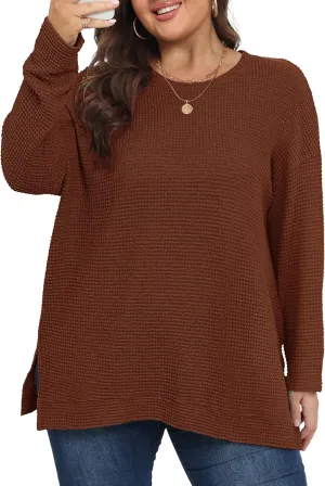 KARALIN Womens Plus Size Tops Fall CrewNeck Waffle Knit Long Sleeve Shirts Side Slits Oversized Sweater Pullover