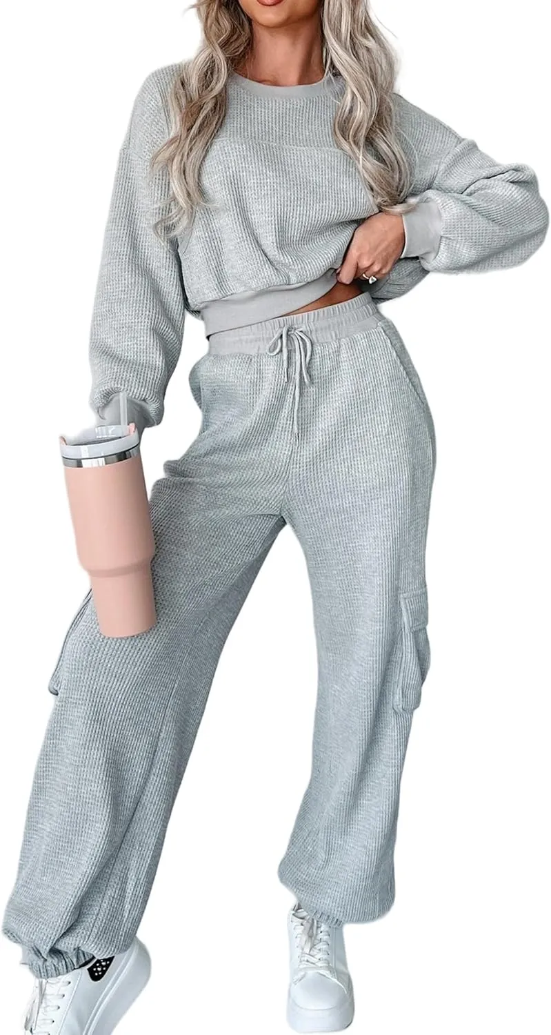 Kedera Womens Waffle Knit Pajamas Sets 2 Piece Outfits Knit Long Sleeve Pullover and Pants Sweatsuits