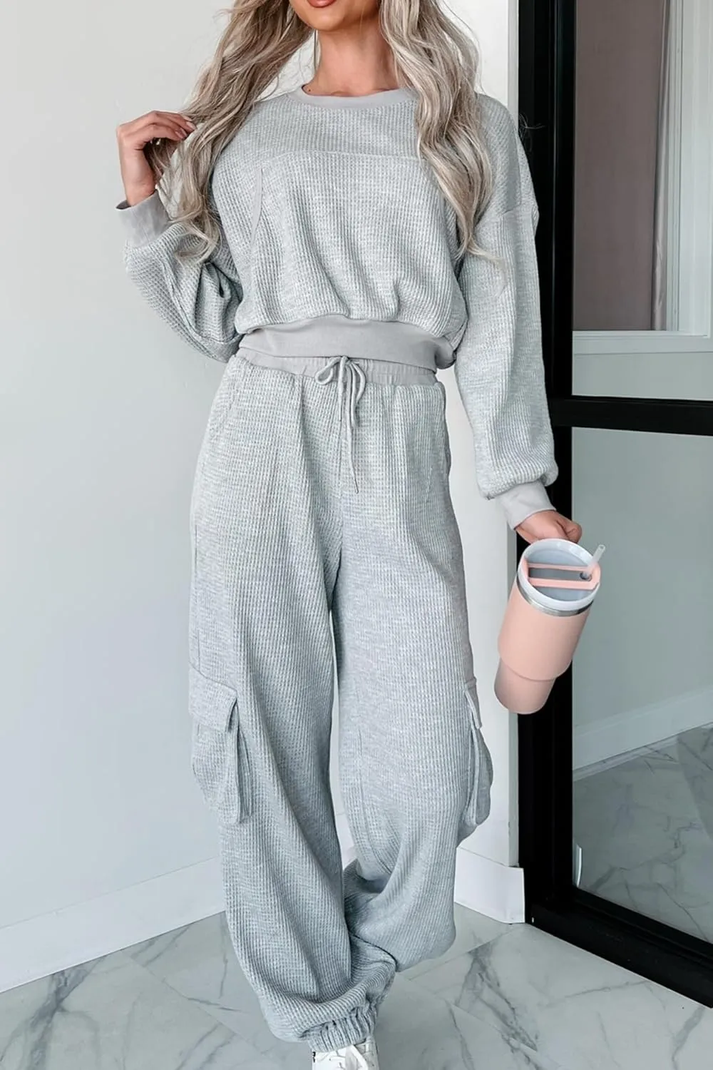 Kedera Womens Waffle Knit Pajamas Sets 2 Piece Outfits Knit Long Sleeve Pullover and Pants Sweatsuits