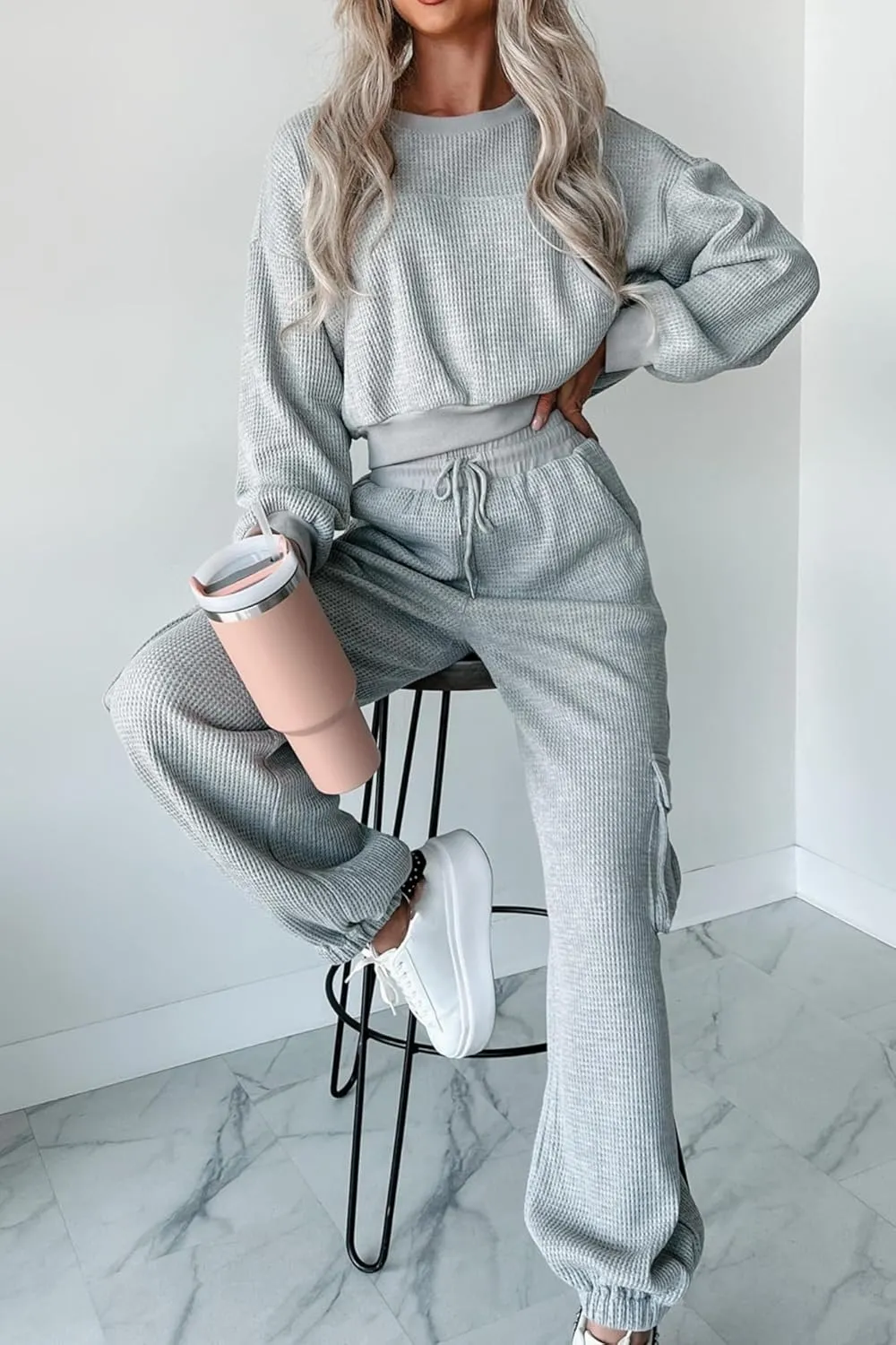 Kedera Womens Waffle Knit Pajamas Sets 2 Piece Outfits Knit Long Sleeve Pullover and Pants Sweatsuits