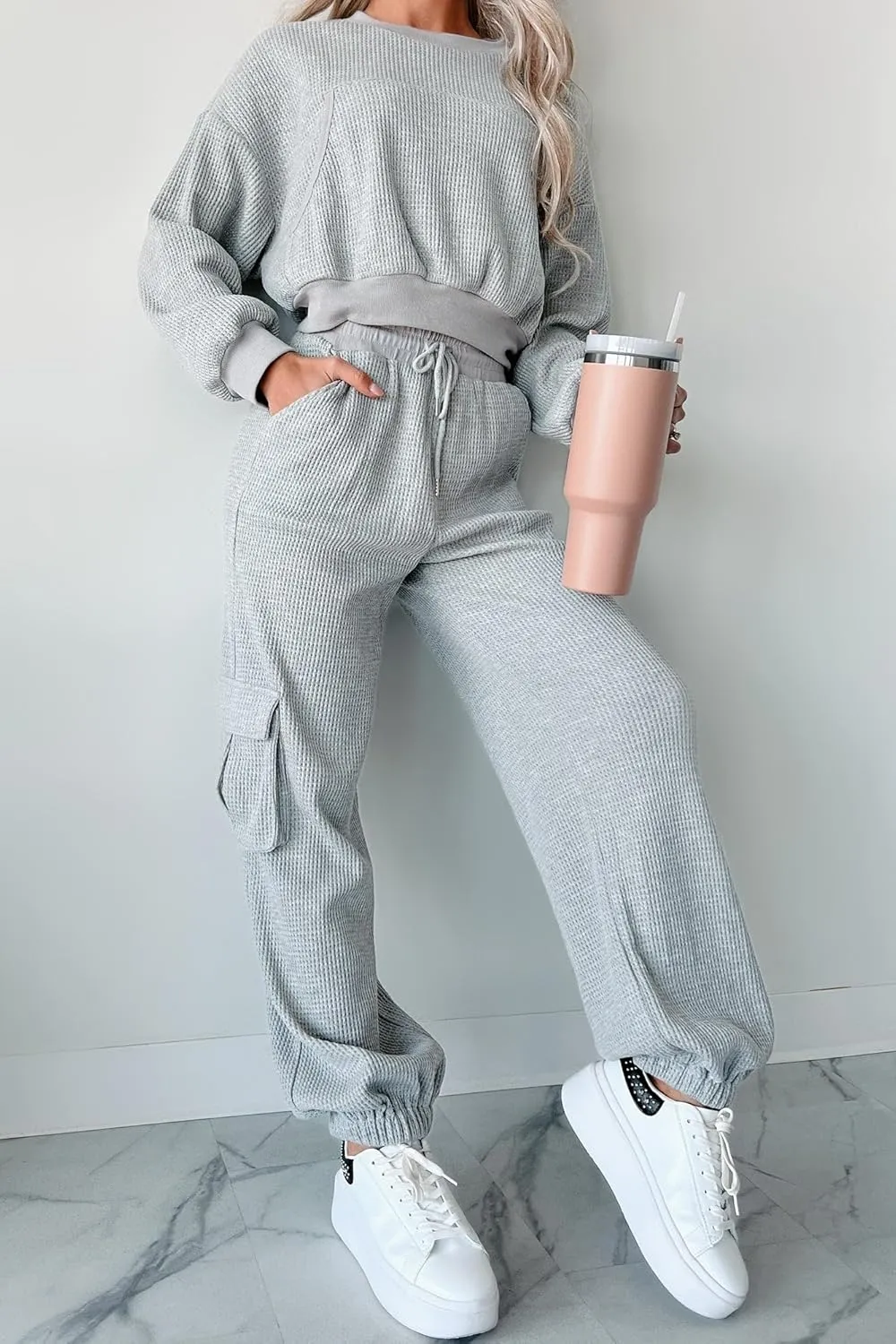 Kedera Womens Waffle Knit Pajamas Sets 2 Piece Outfits Knit Long Sleeve Pullover and Pants Sweatsuits
