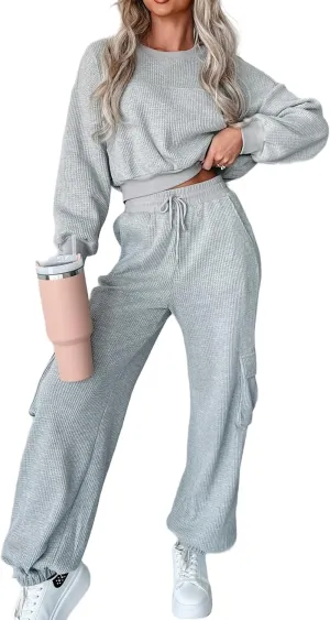 Kedera Womens Waffle Knit Pajamas Sets 2 Piece Outfits Knit Long Sleeve Pullover and Pants Sweatsuits