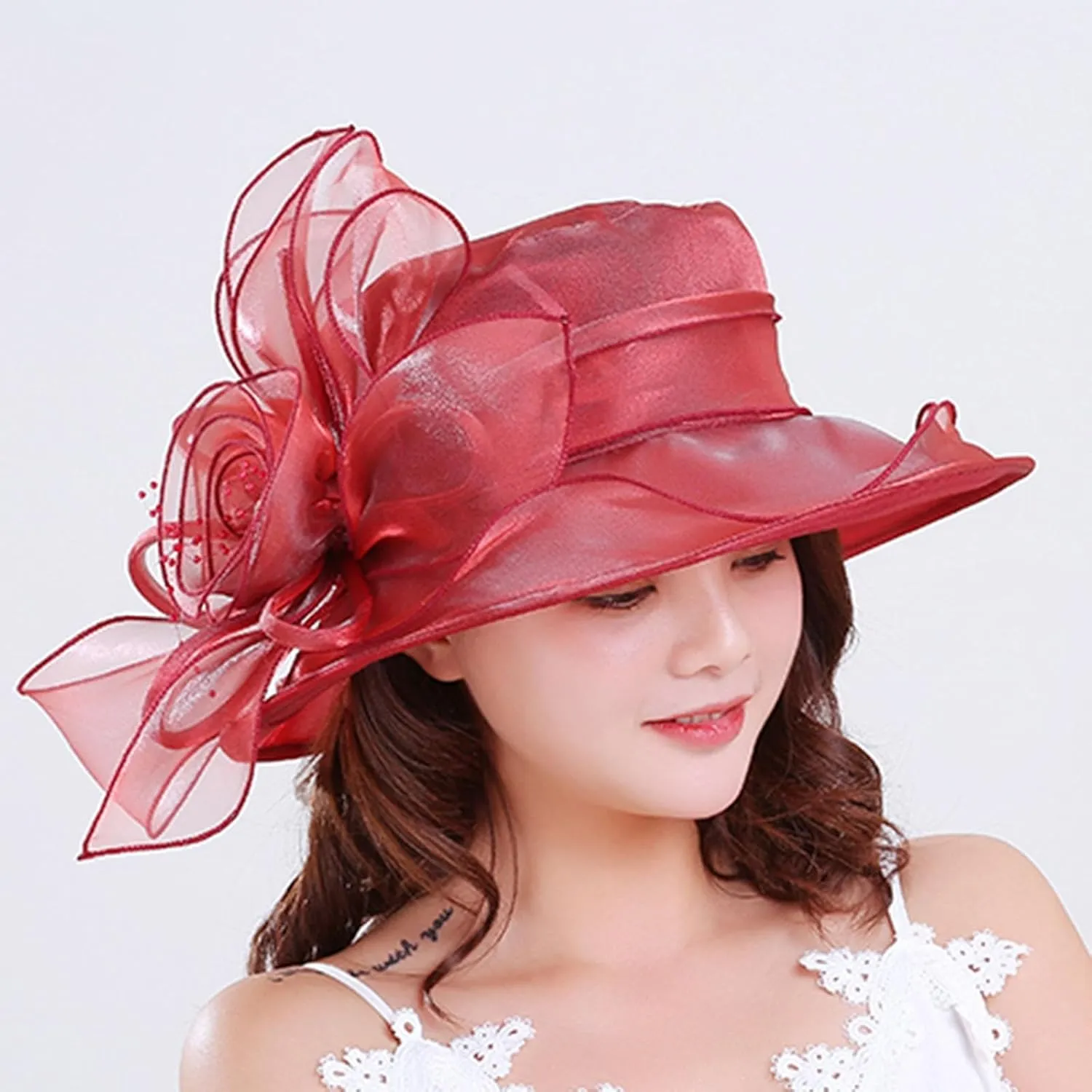 Kentucky Church Derby Hat Wide Brim Organza Flounce Elegant Cocktail Tea Party Bridal Wedding Fascinator Dress Hat