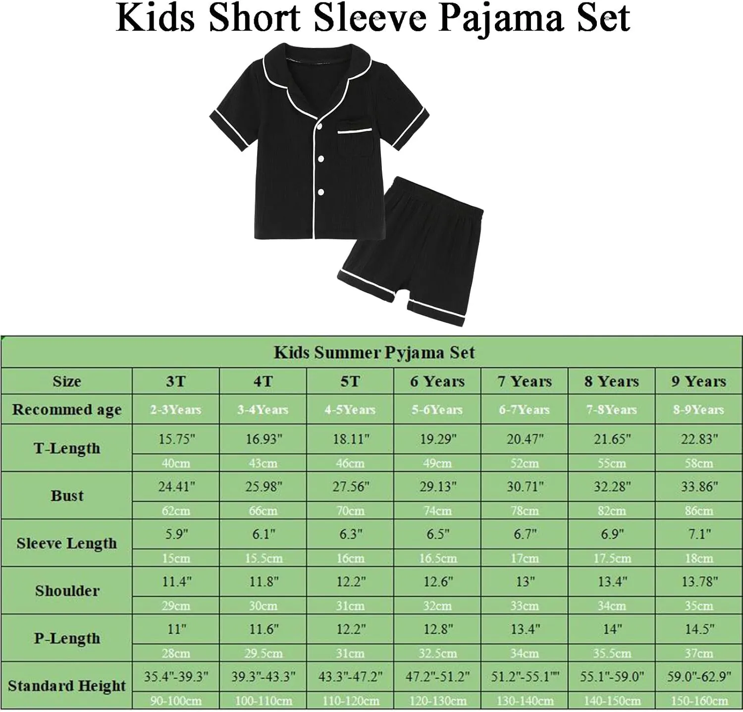 Kids Short Sleeve Pajama Set 100% Cotton Button Down Sleepwear Little Big Girls Boys Summer Soft Lounge Set 3-9 Years