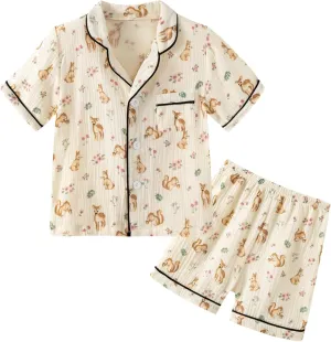 Kids Short Sleeve Pajama Set 100% Cotton Button Down Sleepwear Little Big Girls Boys Summer Soft Lounge Set 3-9 Years