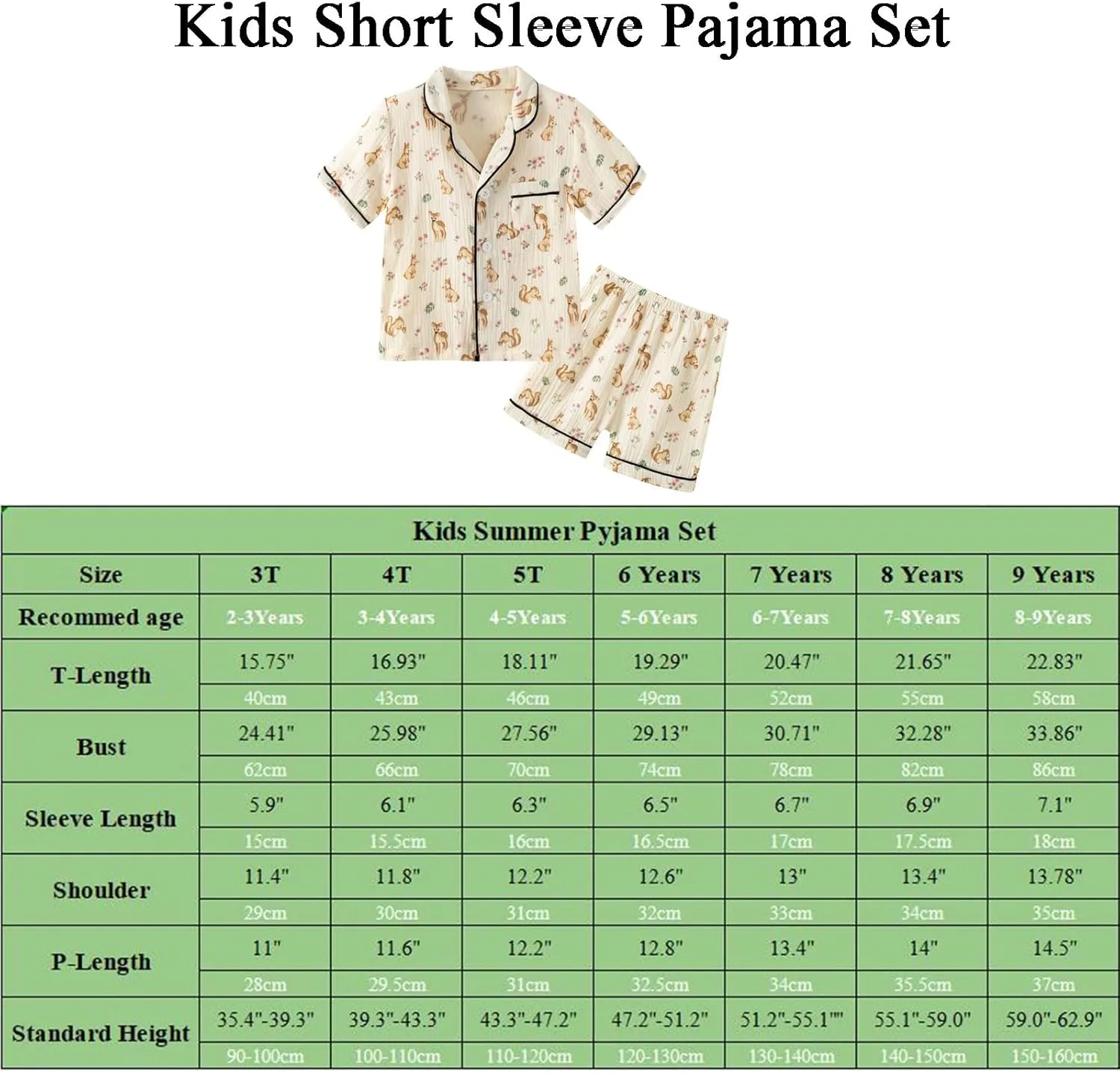 Kids Short Sleeve Pajama Set 100% Cotton Button Down Sleepwear Little Big Girls Boys Summer Soft Lounge Set 3-9 Years