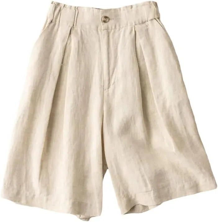 Kinghua Wide Leg Linen Shorts for Women Elastic High Waisted Pleated Casual Loose Bermuda Shorts