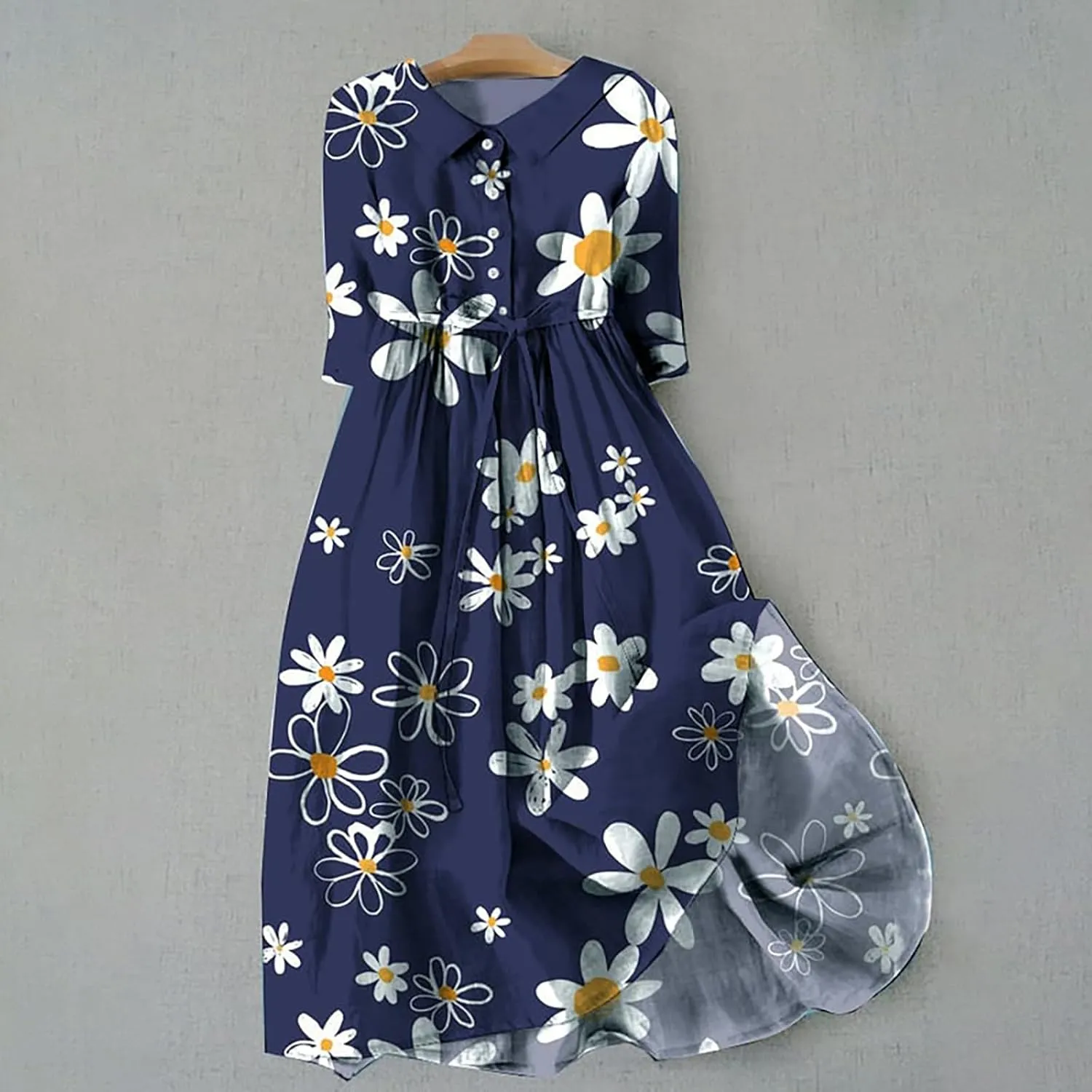 Korean Dress for Women Fashion Lace-Up Waist-Defined Henley Shirt Dress Summer Half Sleeve Trendy A-Line Dresses