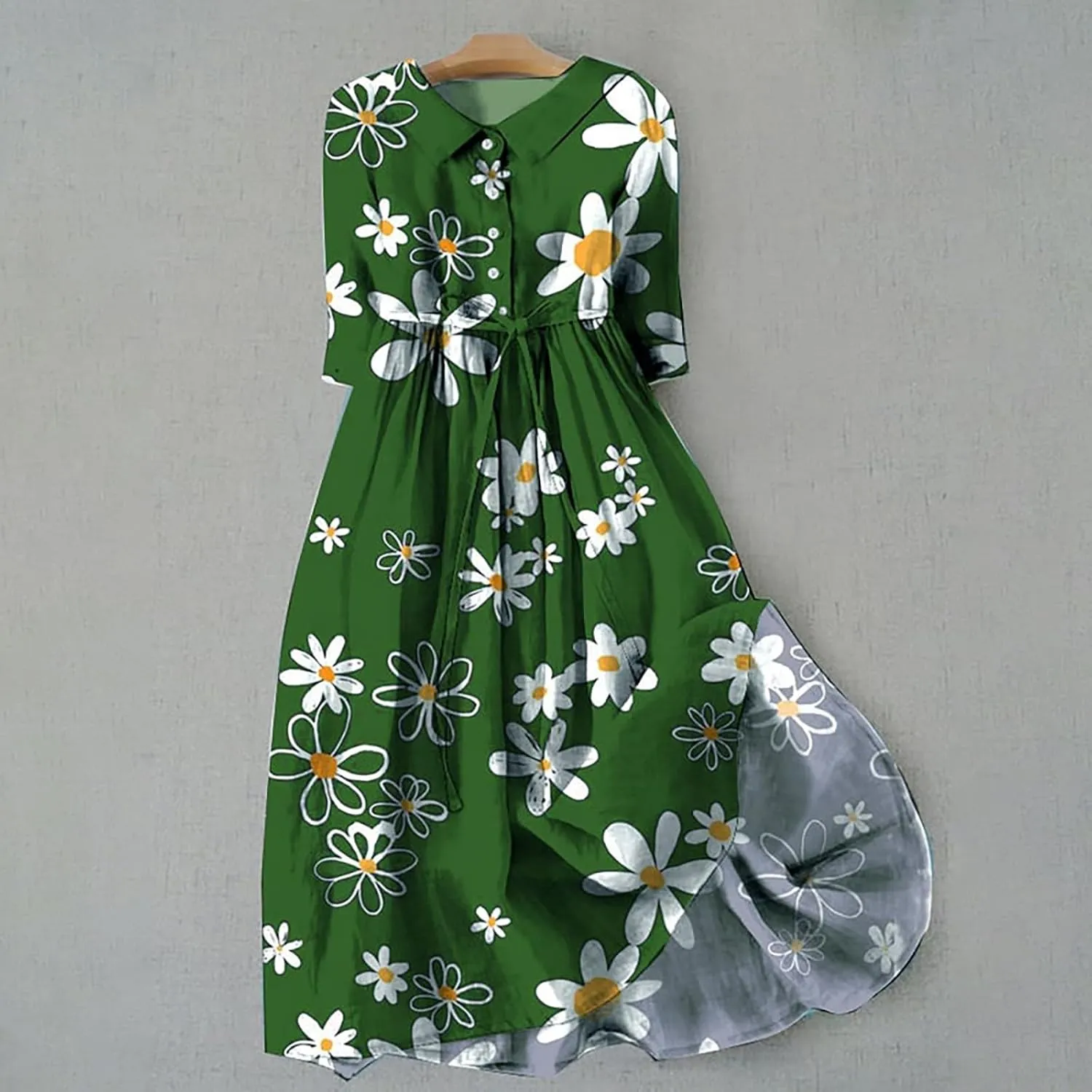 Korean Dress for Women Fashion Lace-Up Waist-Defined Henley Shirt Dress Summer Half Sleeve Trendy A-Line Dresses