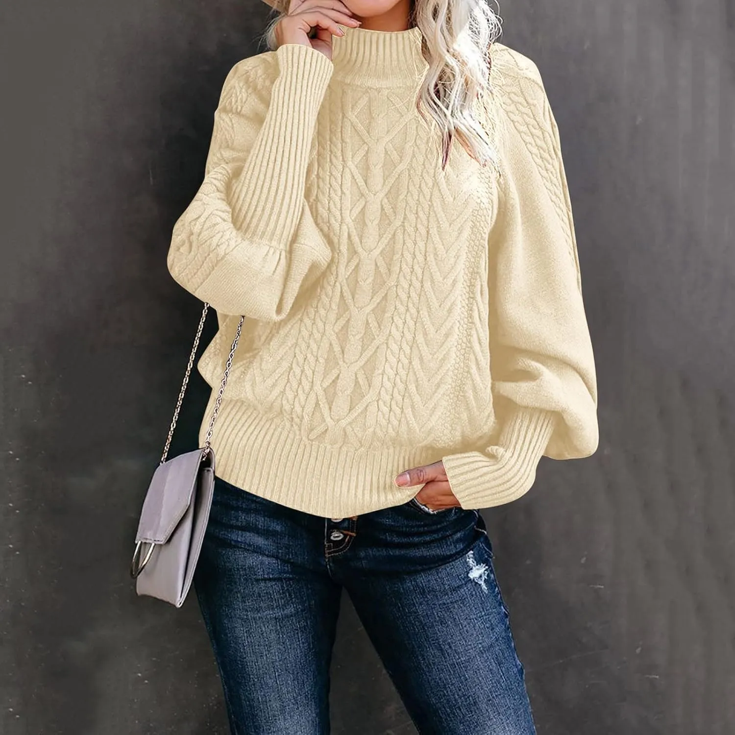 Ladies Mid Neck Sweater Loose Long Sleeve Knit Solid Color Sweater Pullover Top Chunky Sweaters Pullover