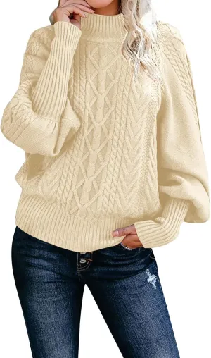 Ladies Mid Neck Sweater Loose Long Sleeve Knit Solid Color Sweater Pullover Top Chunky Sweaters Pullover