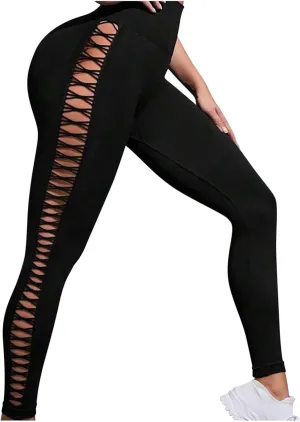 Lastesso Womens Leggings Fashion Side Cutout Yoga Pants High Waist Butt Lifting Leggings Soft Hidden Scrunch Tights Pants
