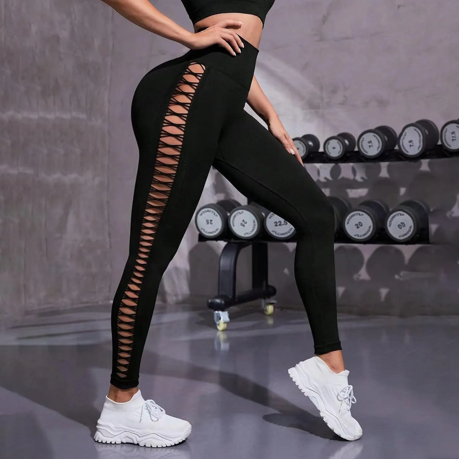 Lastesso Womens Leggings Fashion Side Cutout Yoga Pants High Waist Butt Lifting Leggings Soft Hidden Scrunch Tights Pants
