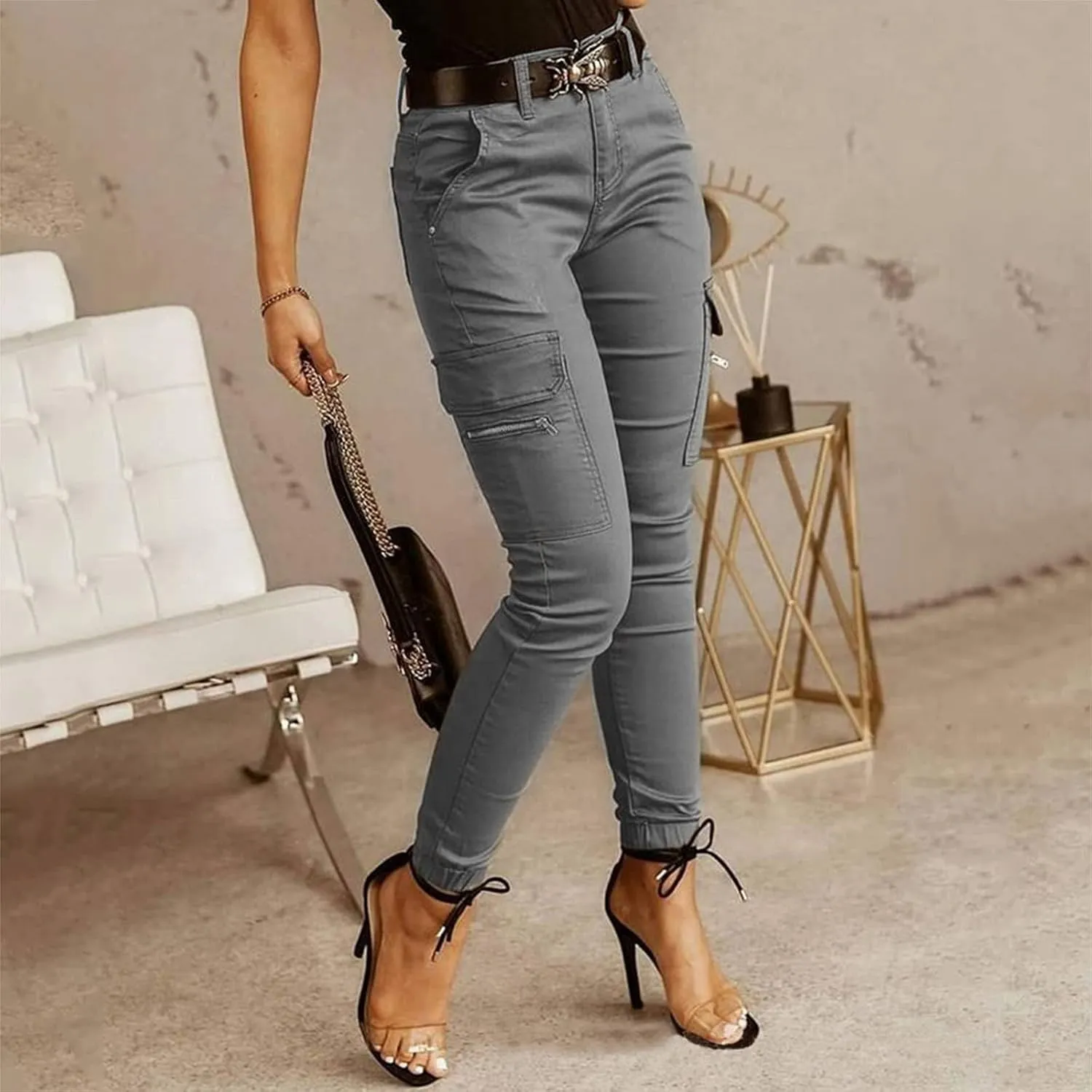 Lightweight Hiking Cargo Pants Womens Slim Fit Outdoor Solid Travel Sweatpant Jogger Elastic Waist Trouser w/Pocket