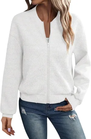 Lightweight Jacket Women Full Zip Bomber Jacket Soft Long Sleeve Zip Up Outwear Crew Neck Sweatshirt Coat Dressy Casual