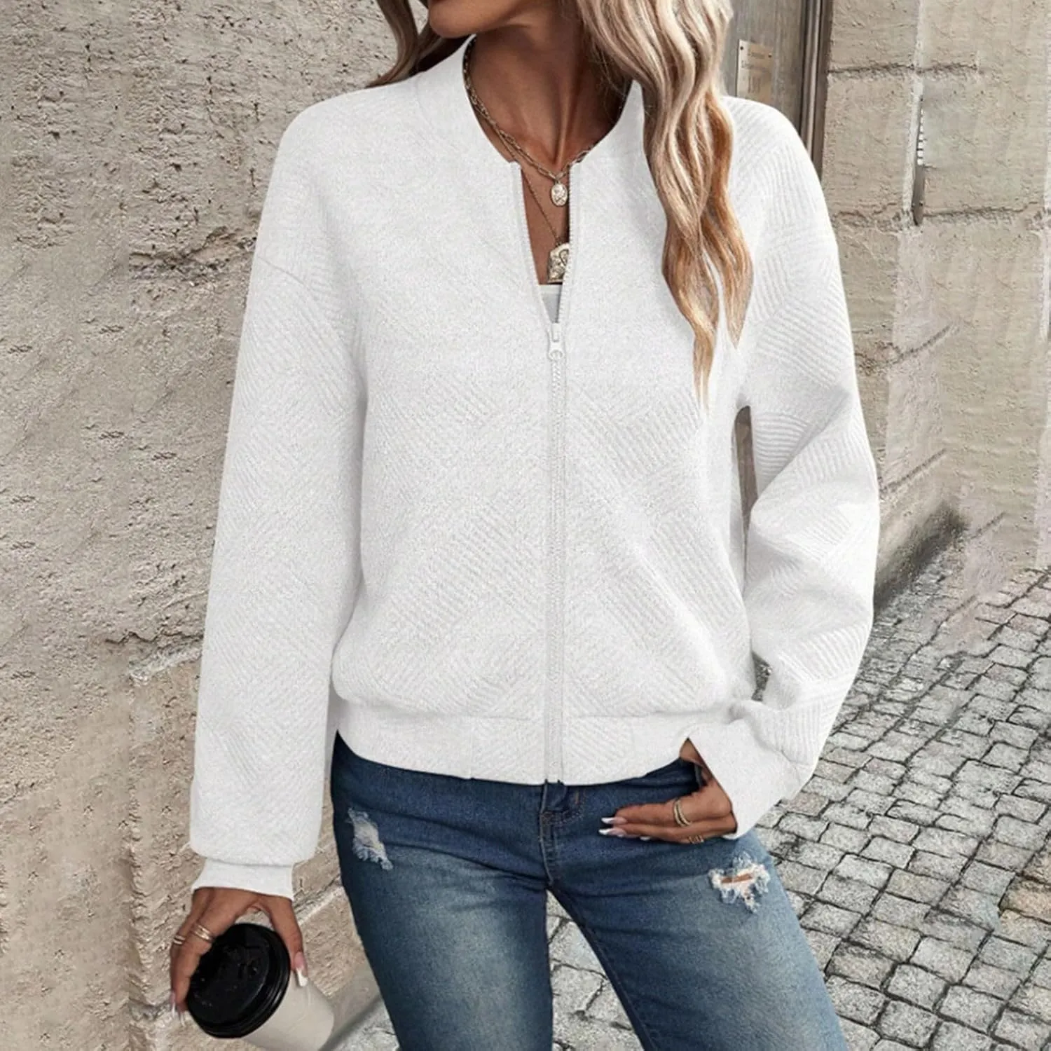 Lightweight Jacket Women Full Zip Bomber Jacket Soft Long Sleeve Zip Up Outwear Crew Neck Sweatshirt Coat Dressy Casual