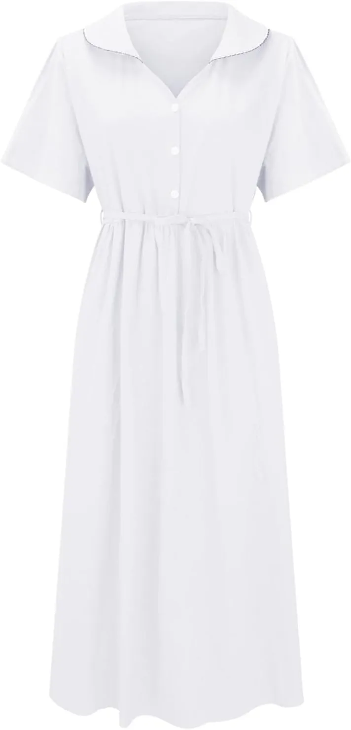Linen Dresses for Women 2024 Causal Trendy Button Down Lace Up Lapel Collar Short Sleeve Korean Style Midi Dress