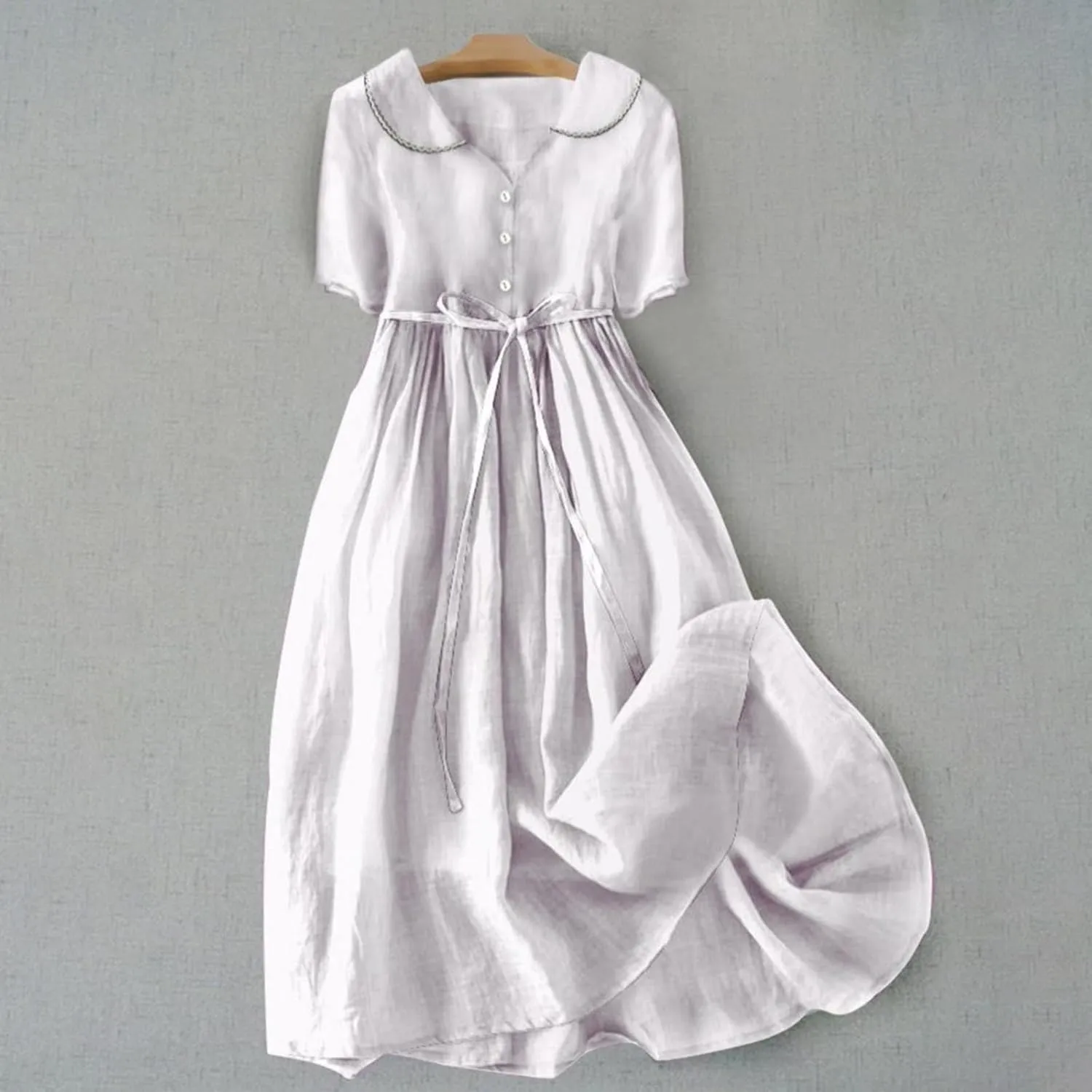 Linen Dresses for Women 2024 Causal Trendy Button Down Lace Up Lapel Collar Short Sleeve Korean Style Midi Dress