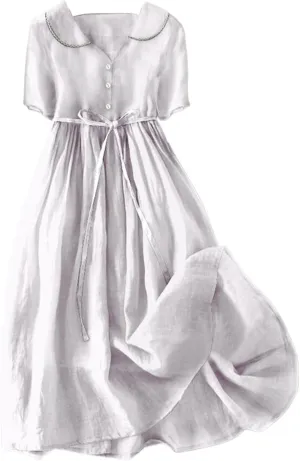 Linen Dresses for Women 2024 Causal Trendy Button Down Lace Up Lapel Collar Short Sleeve Korean Style Midi Dress