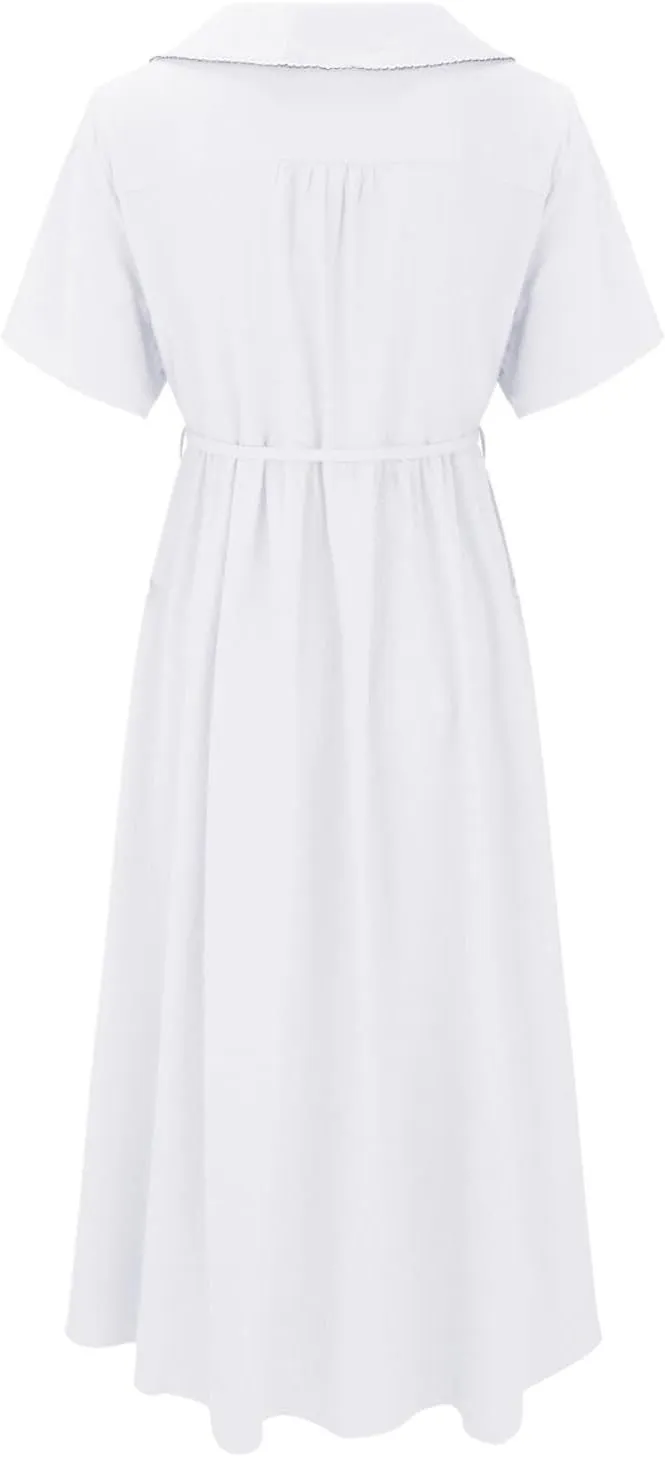 Linen Dresses for Women 2024 Causal Trendy Button Down Lace Up Lapel Collar Short Sleeve Korean Style Midi Dress