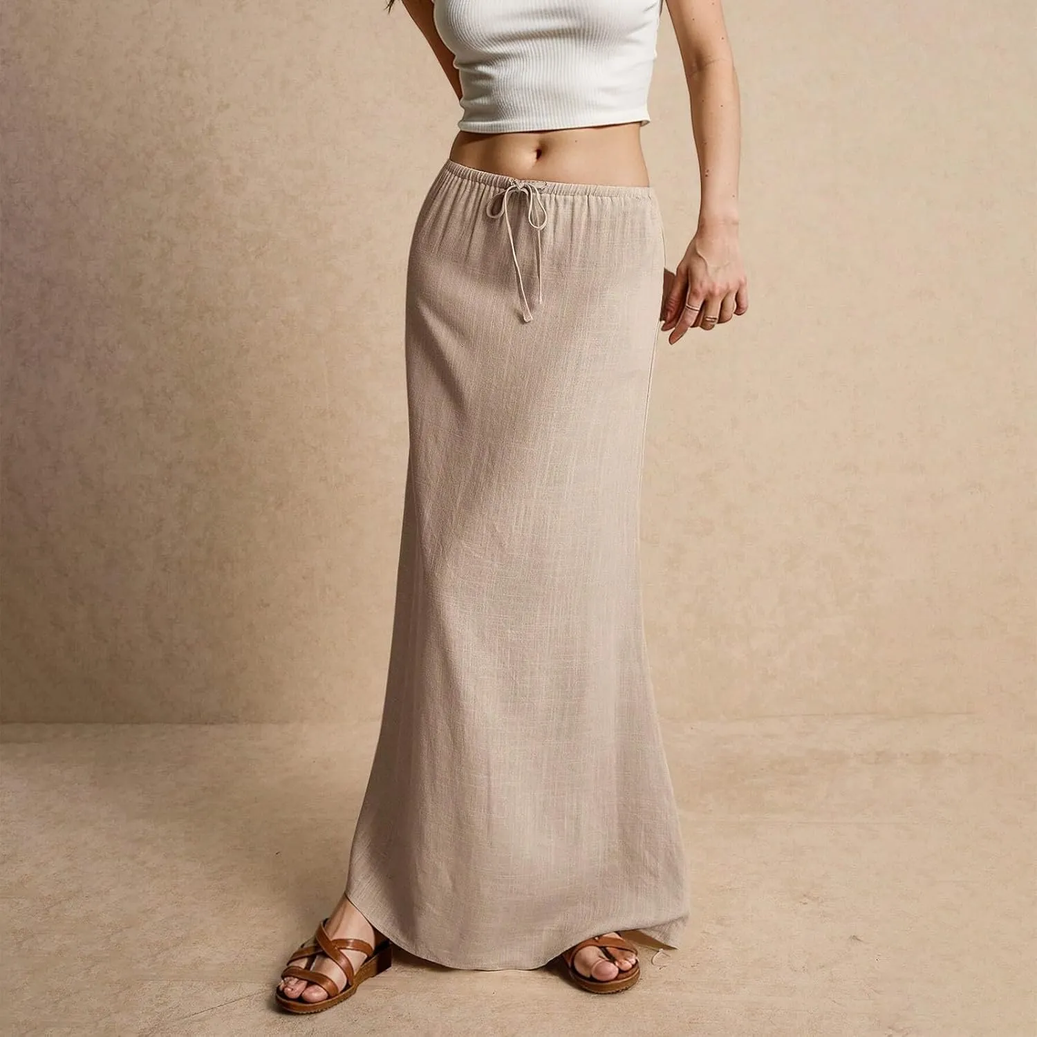 Linen Skirts for Women Trendy Summer Loose Low Rise Maxi Skirts Lightweight Drawstring Boho Beach A Line Long Skirt