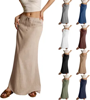 Linen Skirts for Women Trendy Summer Loose Low Rise Maxi Skirts Lightweight Drawstring Boho Beach A Line Long Skirt