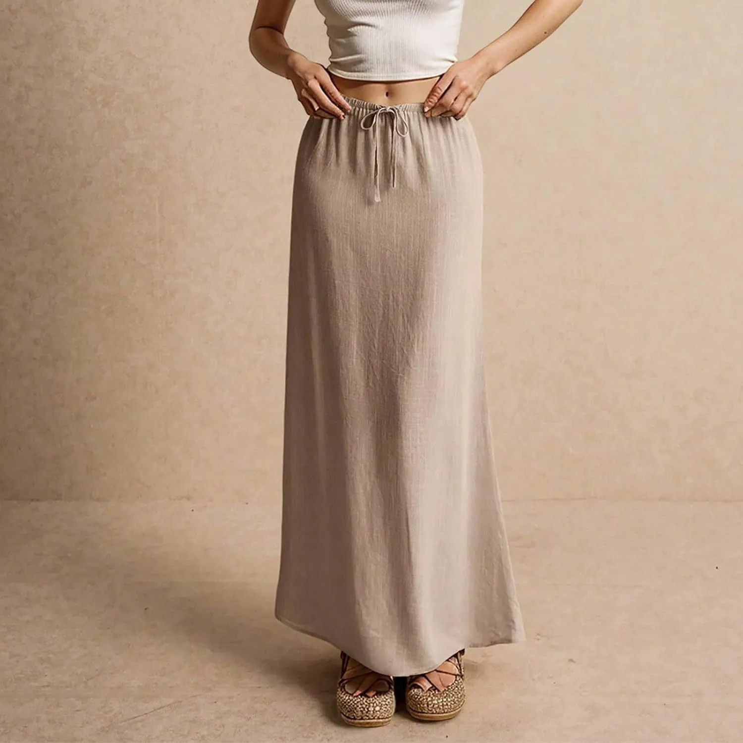 Linen Skirts for Women Trendy Summer Loose Low Rise Maxi Skirts Lightweight Drawstring Boho Beach A Line Long Skirt