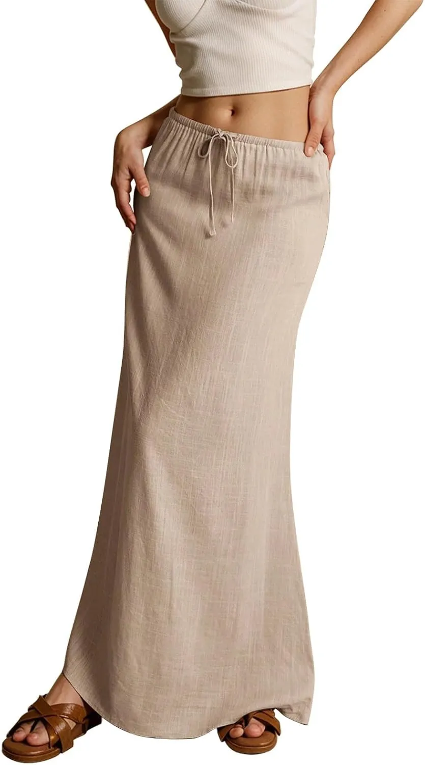 Linen Skirts for Women Trendy Summer Loose Low Rise Maxi Skirts Lightweight Drawstring Boho Beach A Line Long Skirt