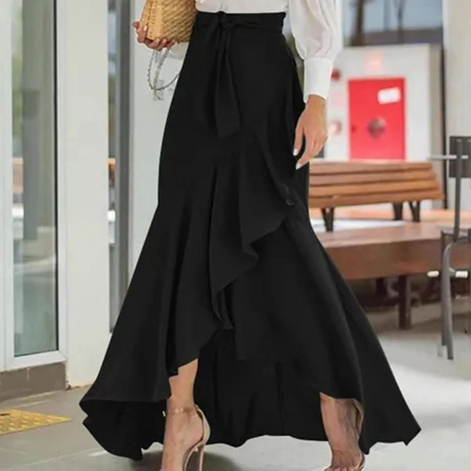 Long Skirts for Women Elegant Flowy High Waisted Wrap Skirt Side Tie Summer Casual Asymmetrical Maxi Skirt with Slit
