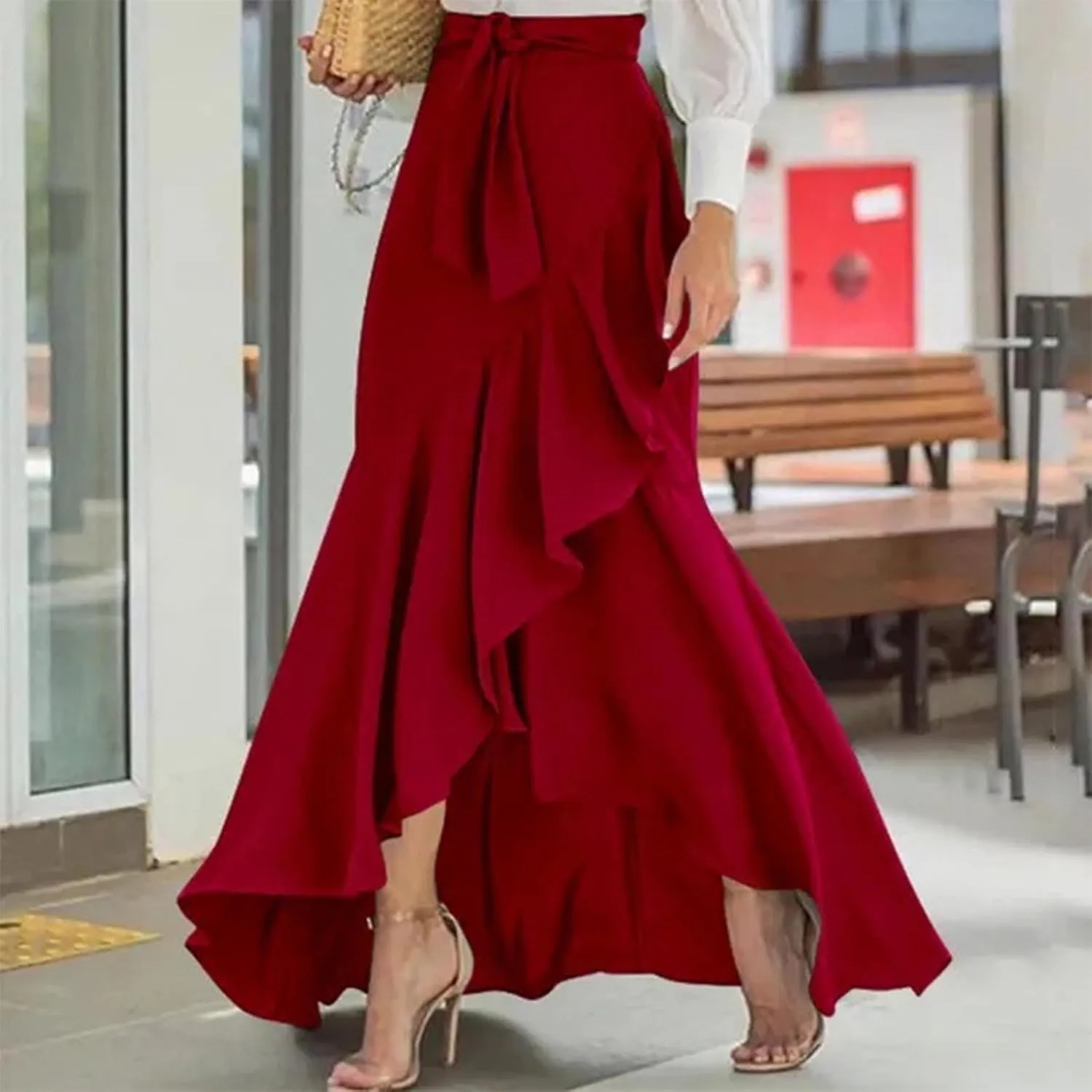 Long Skirts for Women Elegant Flowy High Waisted Wrap Skirt Side Tie Summer Casual Asymmetrical Maxi Skirt with Slit