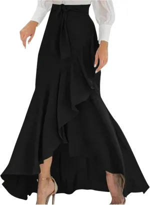 Long Skirts for Women Elegant Flowy High Waisted Wrap Skirt Side Tie Summer Casual Asymmetrical Maxi Skirt with Slit