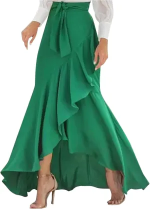 Long Skirts for Women Elegant Flowy High Waisted Wrap Skirt Side Tie Summer Casual Asymmetrical Maxi Skirt with Slit