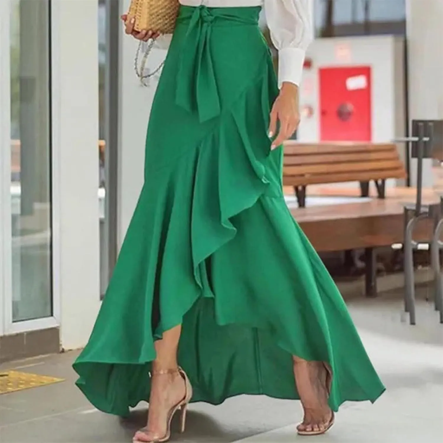 Long Skirts for Women Elegant Flowy High Waisted Wrap Skirt Side Tie Summer Casual Asymmetrical Maxi Skirt with Slit