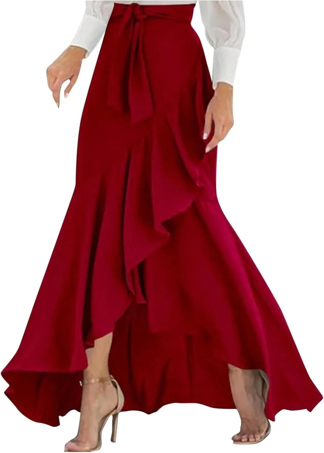 Long Skirts for Women Elegant Flowy High Waisted Wrap Skirt Side Tie Summer Casual Asymmetrical Maxi Skirt with Slit