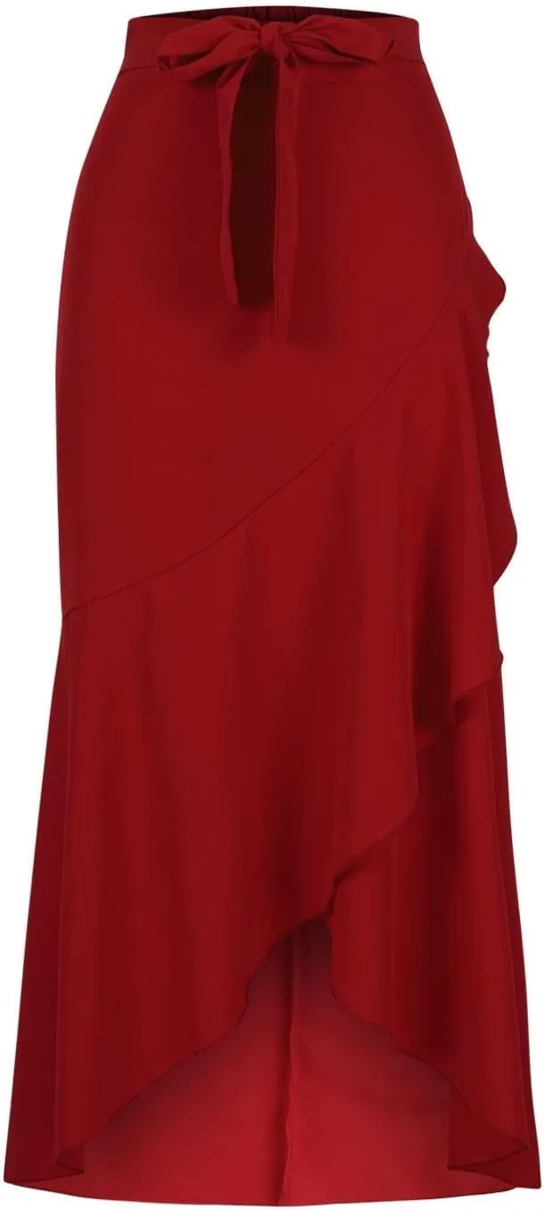 Long Skirts for Women Elegant Flowy High Waisted Wrap Skirt Side Tie Summer Casual Asymmetrical Maxi Skirt with Slit