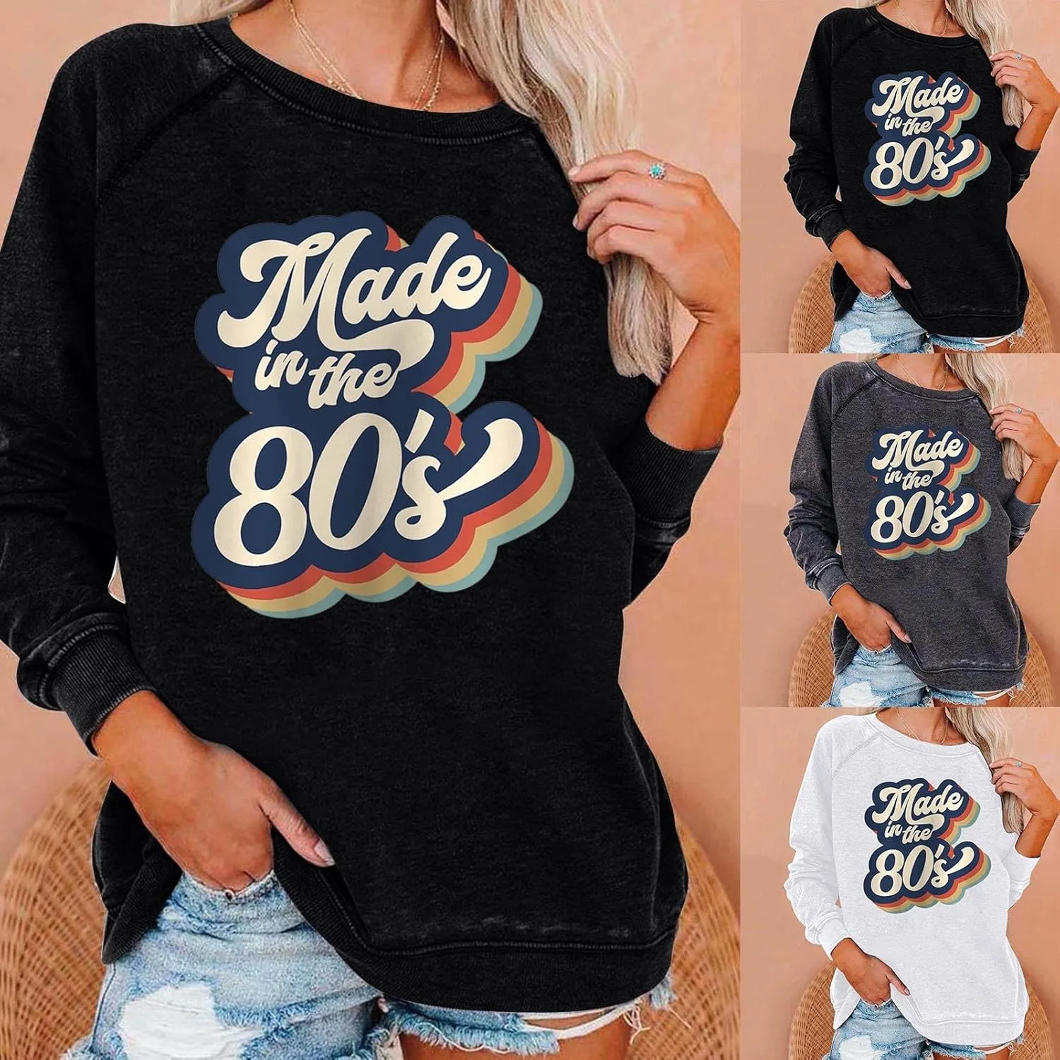 Made In The 80's Womens Crewneck Letter Graphic Print Sweatshirts Tops Women's Long Sleeve Pullover To Wear with Leggings