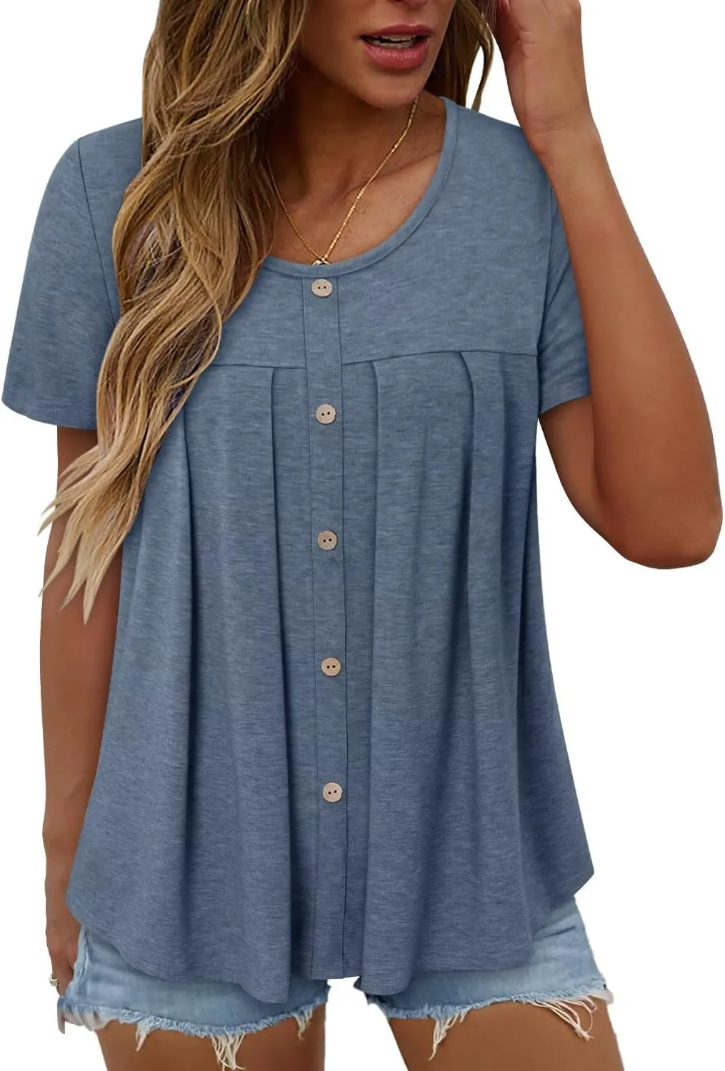 Magritta Women's T Shirts Trendy Fitted Pleated Front Summer Blouses Casual Buttons Round Neck Short Sleeve Tunic Tops