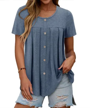 Magritta Women's T Shirts Trendy Fitted Pleated Front Summer Blouses Casual Buttons Round Neck Short Sleeve Tunic Tops