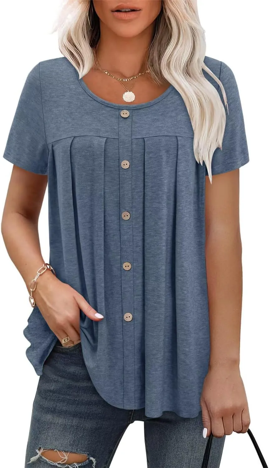 Magritta Women's T Shirts Trendy Fitted Pleated Front Summer Blouses Casual Buttons Round Neck Short Sleeve Tunic Tops
