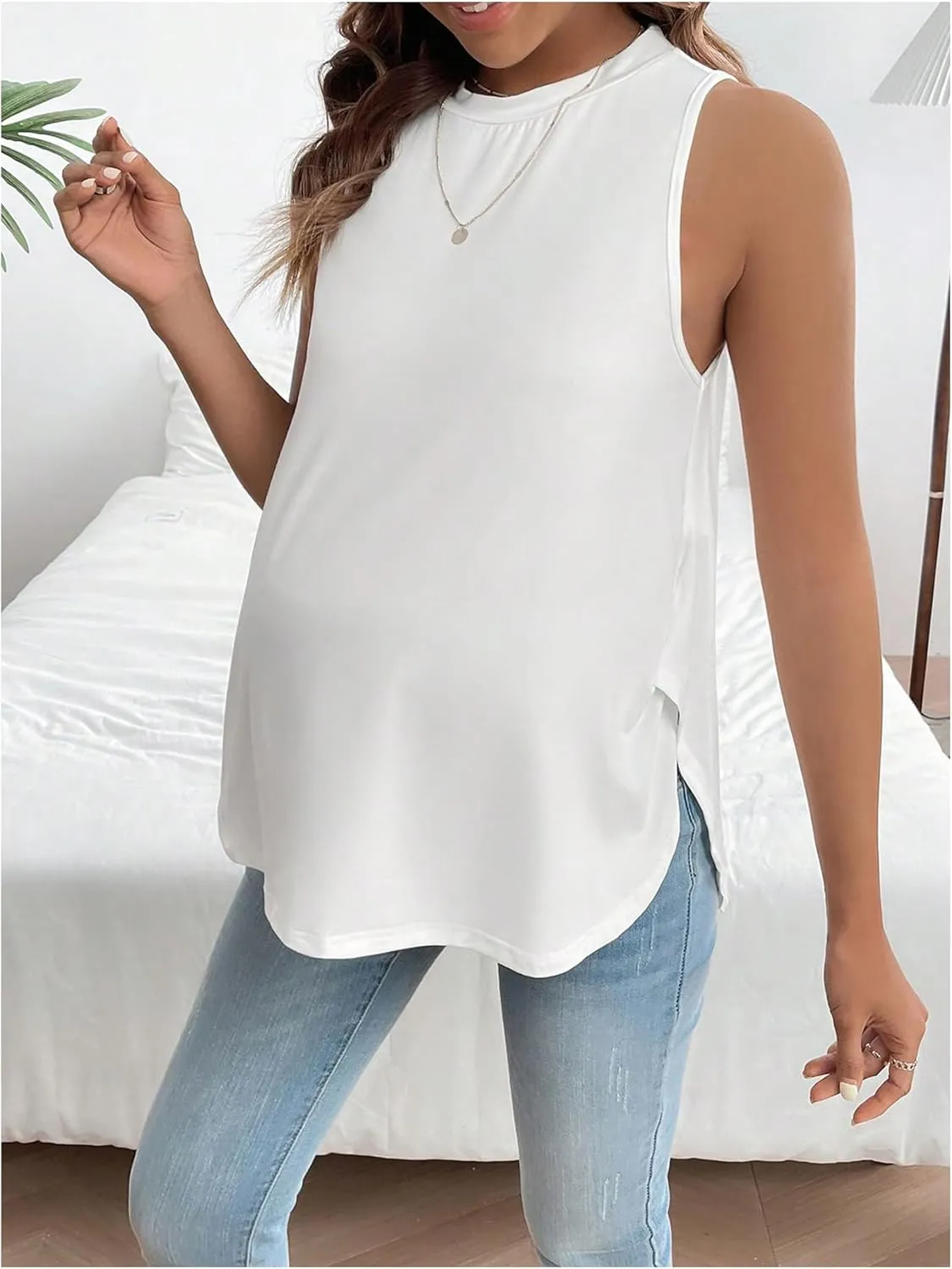 MakeMeChic Women's Maternity Tank Tops Crew Neck Sleeveless Split Hem Pregnancy Top