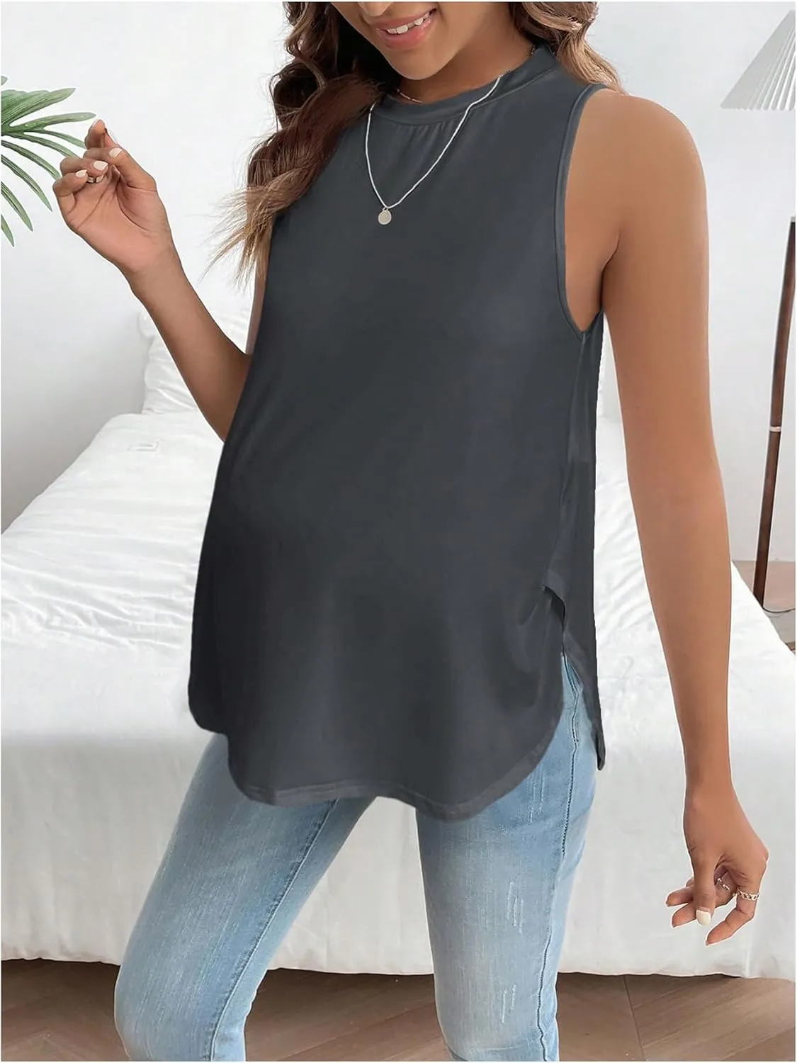 MakeMeChic Women's Maternity Tank Tops Crew Neck Sleeveless Split Hem Pregnancy Top