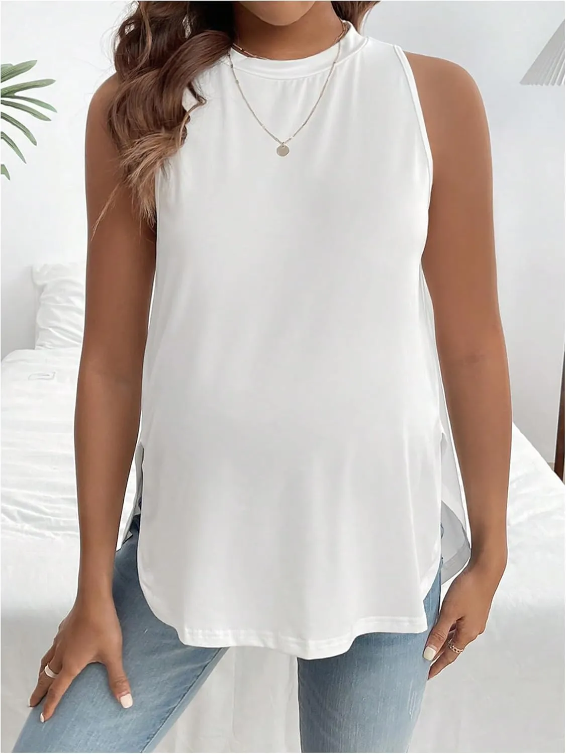 MakeMeChic Women's Maternity Tank Tops Crew Neck Sleeveless Split Hem Pregnancy Top
