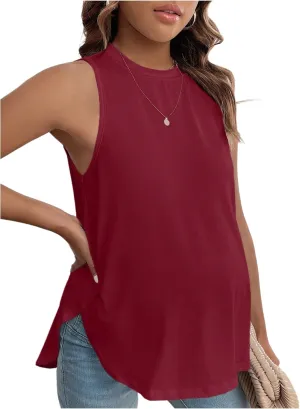 MakeMeChic Women's Maternity Tank Tops Crew Neck Sleeveless Split Hem Pregnancy Top