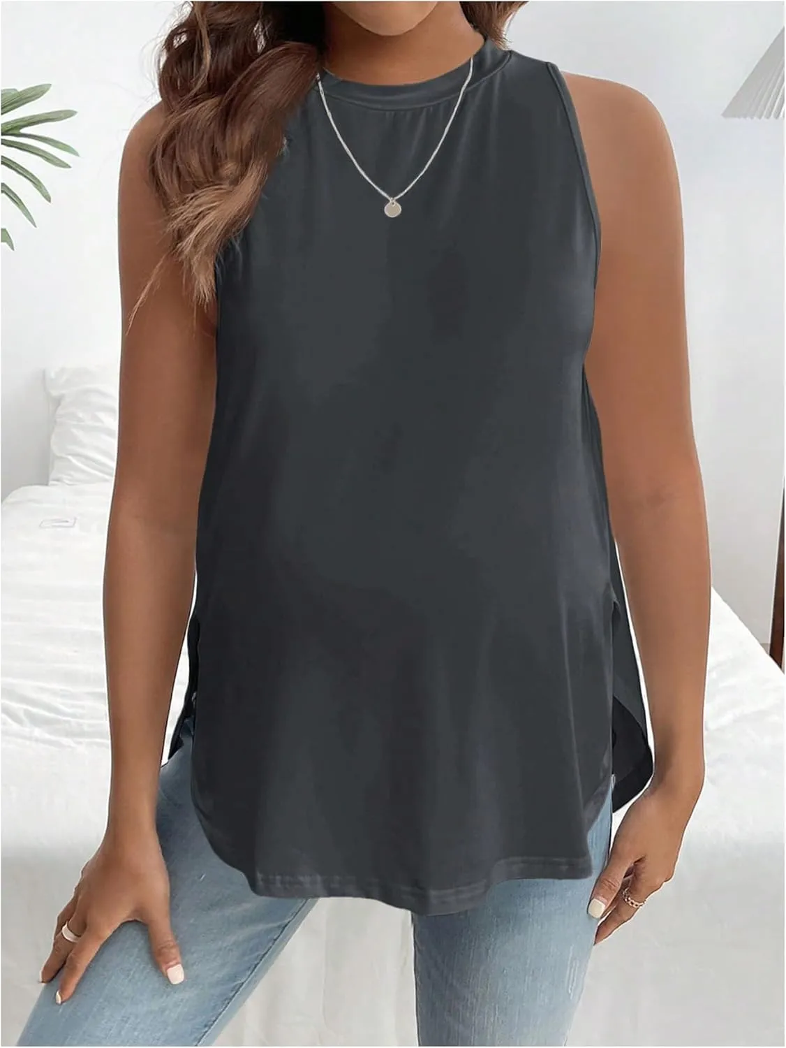 MakeMeChic Women's Maternity Tank Tops Crew Neck Sleeveless Split Hem Pregnancy Top