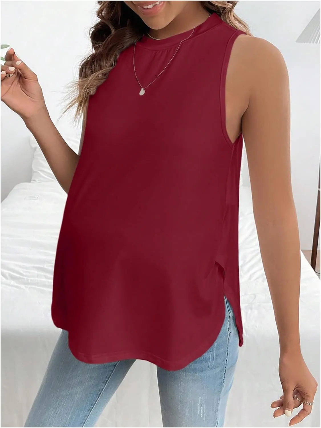 MakeMeChic Women's Maternity Tank Tops Crew Neck Sleeveless Split Hem Pregnancy Top