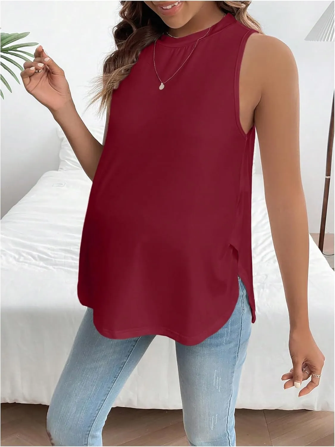 MakeMeChic Women's Maternity Tank Tops Crew Neck Sleeveless Split Hem Pregnancy Top